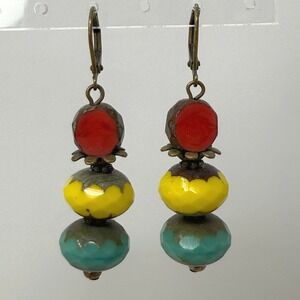 Red Yellow Turquoise Bead Dangle Earrings Bohemian Antique Bronze Finish Spring